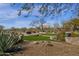 Beautifully landscaped backyard with desert plants and a cozy fire pit area at 33250 N 71St St, Scottsdale, AZ 85266