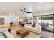 Spacious living room showcases an open layout, seamlessly connecting to the kitchen and outdoor pool area at 7553 E Woodshire Cv, Scottsdale, AZ 85258