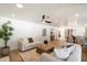 Bright, open-concept living room with modern furnishings, wood floors, and seamless flow into the dining area at 7553 E Woodshire Cv, Scottsdale, AZ 85258