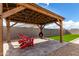 Relaxing backyard featuring a covered patio, red Adirondack chairs, and cozy chiminea fireplace on a paved area at 2013 E Brooklyn Dr, Casa Grande, AZ 85122