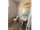 This half bathroom features a pedestal sink, a decorative mirror, and wood-look tile flooring at 34825 N Kaden Rd, San Tan Valley, AZ 85144