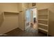 Carpeted walk-in closet with shelving and an open door to the bath at 2146 E Aloe Pl, Chandler, AZ 85286