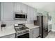 Modern kitchen with gray cabinets, stainless steel appliances, and white subway tile backsplash at 1435 W 6Th St, Mesa, AZ 85201