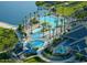 An aerial view of a beautiful community pool with slides, a splash pad, palm trees and ample lounge chairs at 18601 W Thunderhill Pl, Goodyear, AZ 85338