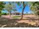 Wide backyard with mature trees, turfed putting green, and views of the home, creating a serene outdoor space at 3527 E Indigo Cir, Mesa, AZ 85213