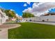 Large backyard with plush artificial grass, a pristine white privacy wall, and a sparkling pool at 5345 E Mclellan Rd # 107, Mesa, AZ 85205