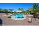 Expansive backyard featuring a freeform pool, patio umbrellas, lounge chairs, mature palms and desert landscaping at 14124 W Christy Dr, Surprise, AZ 85379