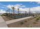 Outdoor pickleball court enclosed with black fencing, featuring benches, palm trees, and desert landscaping at 2461 E Presidio St, Mesa, AZ 85213