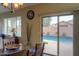 View from the dining table to the outside, highlighting the nice patio area with a swimming pool at 2509 E Dulcinea Trl, Casa Grande, AZ 85194