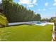 Backyard view of manicured green lawn, pool, spa, and privacy landscaping for outdoor living at 3675 E Strawberry Dr, Gilbert, AZ 85298