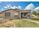 A cozy backyard featuring a covered patio, small grass area, and a unique hardscape border at 6198 W Wikieup Ln, Glendale, AZ 85308