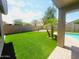 Lush backyard featuring palm trees, artificial turf, and private fencing for outdoor enjoyment at 9654 N 94Th Ave, Peoria, AZ 85345