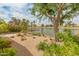 Serene backyard with lush landscaping, trees, and a view of the lake beyond the fence at 18886 N 77Th Ave, Glendale, AZ 85308