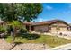 Well-manicured front yard with vibrant green grass and desert landscaping accents, mature trees and palms at 13516 W Windsor Blvd, Litchfield Park, AZ 85340