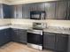 Modern kitchen features stainless steel appliances, granite countertops, and dark wood cabinets at 43857 W Bedford Dr, Maricopa, AZ 85138
