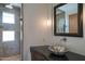 Bathroom featuring a glass shower, modern vanity, and a square mirror at 4550 E Foothill Dr, Paradise Valley, AZ 85253