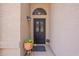 Inviting front entrance featuring a security door, potted plant, and a warm exterior light at 11381 E Poinsettia Dr, Scottsdale, AZ 85259