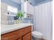 Bright bathroom with a wooden cabinet sink, a medicine cabinet, and a toilet with a white shower curtain at 1623 W Quick Draw Way, San Tan Valley, AZ 85144