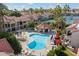 Overhead view of the community pool area with a spa, covered seating, and beautifully landscaped grounds at 9705 E Mountain View Rd # 1143, Scottsdale, AZ 85258