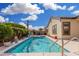 Sparkling pool is the focal point of the backyard, surrounded by patio and mature plants at 22319 E Via De Olivos --, Queen Creek, AZ 85142