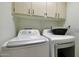 Efficient laundry room equipped with a modern washer and dryer set, and upper cabinets for ample storage at 3519 S 185Th Dr, Goodyear, AZ 85338