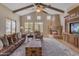 Beautiful living room with a stone fireplace, vaulted ceilings, and a view of the well-landscaped yard at 3616 E Kachina Dr, Phoenix, AZ 85044