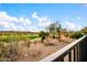 Scenic golf course views from the backyard featuring a lush green fairway, desert plants, and puffy white clouds at 42105 N Golf Crest Rd, Anthem, AZ 85086