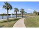 Beautiful lake view featuring fountains along a curved sidewalk with palm trees and vibrant green grass at 17751 W Desert View Ln, Goodyear, AZ 85338