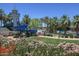 Community pool area with water slide tower, palm trees, floral landscaping and clear blue sky at 17751 W Desert View Ln, Goodyear, AZ 85338