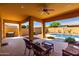 Covered patio with comfortable seating overlooking the inviting pool area, creating a perfect outdoor oasis at 18938 W Luke Ave, Litchfield Park, AZ 85340