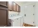 Functional laundry room with washer, dryer, and overhead cabinets at 9803 N 100Th Pl, Scottsdale, AZ 85258