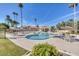 Community pool area with seating and shade structures surrounded by palm trees at 9803 N 100Th Pl, Scottsdale, AZ 85258