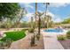 A backyard with desert landscaping, a vibrant green lawn, and a sparkling pool provides a private oasis at 11664 E Del Timbre Dr, Scottsdale, AZ 85259