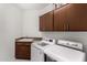 Functional laundry room is equipped with a modern washer and dryer plus ample cabinet space at 11664 E Del Timbre Dr, Scottsdale, AZ 85259