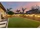 Private backyard with lush green grass, string lights, and mature palm trees for serene outdoor living at 14845 W Georgia Dr, Surprise, AZ 85379