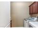 Functional laundry room with a front-load washer and dryer, upper cabinets, and ample storage at 3713 E Cat Balue Dr, Phoenix, AZ 85050