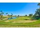 Picturesque golf course view with lush green fairways, a tranquil pond, and palm trees against a clear blue sky at 315 Leisure World --, Mesa, AZ 85206