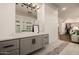 Elegant bathroom vanity area with sleek countertops, modern fixtures, and stylish lighting, combining function and luxury at 3392 E Gemini Ct, Chandler, AZ 85249