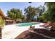 Backyard featuring a pool, lounging chairs, and various trees at 3419 E Cholla St, Phoenix, AZ 85028