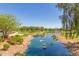 Scenic pond view with blue water and rocky landscaping, perfect for a peaceful walk at 42368 W North Star Dr, Maricopa, AZ 85138