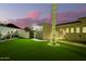 AstroTurf backyard with desert landscaping and a decorative palm tree with lighting at 10534 N 133Rd St, Scottsdale, AZ 85259