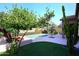 Backyard view featuring a sparkling pool, lush artificial turf, mature citrus tree and desert landscaping at 10572 E Tierra Buena Ln, Scottsdale, AZ 85255