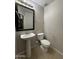 A stylish half bathroom features a pedestal sink, sleek mirror, and a water-efficient toilet at 1304 S Owl Dr, Gilbert, AZ 85296
