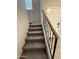 Carpeted stairway with decorative metal railing leads to the upper level of the home at 1304 S Owl Dr, Gilbert, AZ 85296