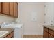 Functional laundry room with washer, dryer, cabinets, counter, and access door at 2670 E Parkview Dr, Gilbert, AZ 85295