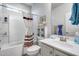 Bathroom featuring a tub/shower combination, single sink vanity and a neutral color scheme at 7363 E Plata Ave, Mesa, AZ 85212