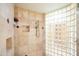 Walk-in shower showcasing beautiful tile work and a glass block window for natural light at 9716 E Mariposa Grande Dr, Scottsdale, AZ 85255