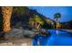 Serene swimming pool with rock waterfall feature and palm trees illuminated at night at 16060 S 4Th St, Phoenix, AZ 85048