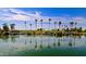 Scenic view of a serene pond reflecting palm trees and landscaping in PebbleCreek community at 3191 N 160Th Ave, Goodyear, AZ 85395