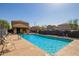 Community pool with lounge chairs and shade structures against a backdrop of houses and blue skies at 337 S Leandro --, Mesa, AZ 85208